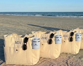 Gepersonaliseerde geborduurde naam canvas draagtas met zijvak voorvak Aangepaste canvas draagtas voor vrijgezellenfeest