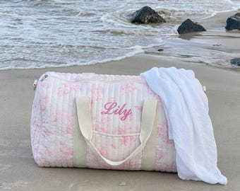 Custom Embroidered Quilted Tote Bag Olives Monogrammed Duffle Bag Floral Bridesmaid Gift Bridal Party Bag Overnight Bag with Zipper