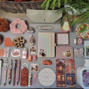 May include: A collection of stationery and lifestyle items including a holographic notebook, various pens, a pumpkin-shaped plush, a pink scrunchie, stickers, sticky notes, bookmarks, a soap dispenser with flowers, and a beige envelope-style case.