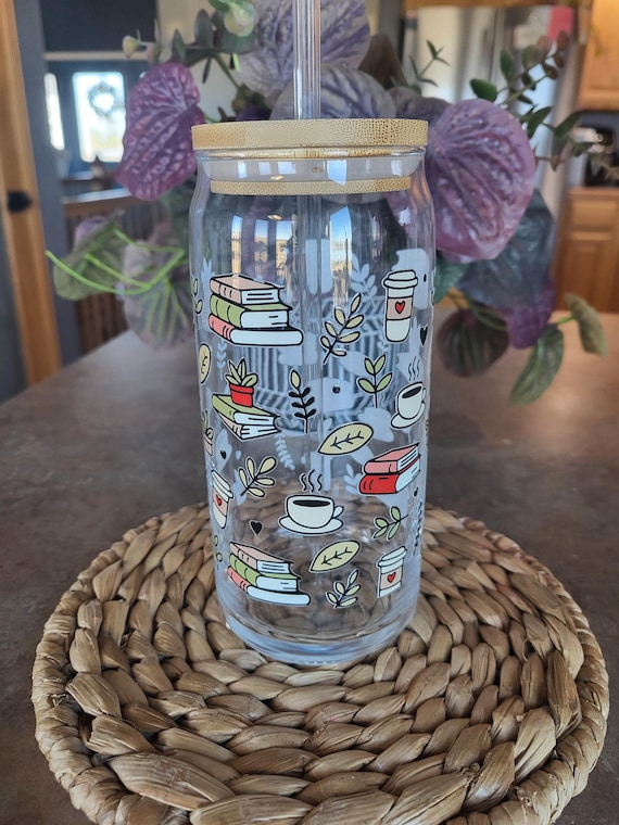 Book, Coffee, Plant Lover Glass Cup, 20 oz with Lid