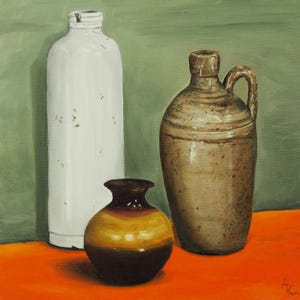 May include: A still life painting of three ceramic vessels. A tall, white bottle is next to a brown jug with a handle. A small, round vase with yellow and brown tones sits in front. The background is green, and the surface is orange.