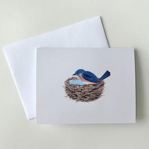 May include: A greeting card depicting a bluebird in a nest with blue eggs. The bird sits in a nest of brown twigs. The card is white, with a matching white envelope.