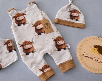 Set de Strampler para Bebé Highland Kuh | Conjunto de bebé hecho a mano con Mütze & Halstuch | Neugeborenen Set Bauernhof Tiere | Bebé Geschenk Geburt