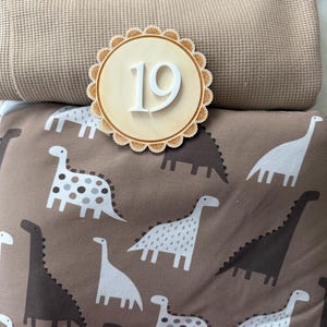 Puede incluir: Un c&iacute;rculo de madera con borde festoneado con el n&uacute;mero 19 en blanco, sobre una tela marr&oacute;n con estampado de dinosaurios blancos y marrones. Una manta beige texturizada en el fondo.
