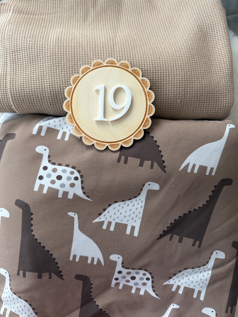 Puede incluir: Un c&iacute;rculo de madera con borde festoneado con el n&uacute;mero 19 en blanco, sobre una tela marr&oacute;n con estampado de dinosaurios blancos y marrones. Una manta beige texturizada en el fondo.