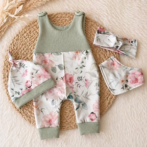Baby Mädchen Set Flores Salbei | Set Strampler Verde | Stirnband y Halstuch | Conjunto para bebé Mädchen | Geschenk zur Geburt | Hecho a mano