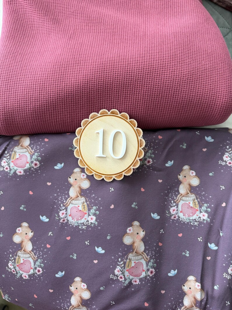 Puede incluir: Un n&uacute;mero 10 de madera con borde festoneado se encuentra sobre una tela morada estampada con ratones de dibujos animados, corazones y flores. Un tejido rosa grande y texturizado est&aacute; en el fondo.