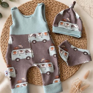 Baby Set Camper – Strampler, Mütze & Halstuch – handgemacht aus Baumwolle – Baby Outfit Boho Roadtrip – Geschenk zur Geburt oder Babyshower