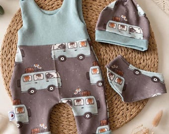 Baby Set Camper – Strampler, Mütze & Halstuch – handgemacht aus Baumwolle – Baby Outfit Boho Roadtrip – Geschenk zur Geburt oder Babyshower