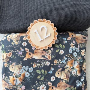 Puede incluir: Un c&iacute;rculo de madera con el n&uacute;mero 12 y un borde festoneado descansa sobre una tela gris oscuro y una tela con un estampado de conejos y flores. La tela de conejos tiene un fondo oscuro con conejos, flores y mariposas.