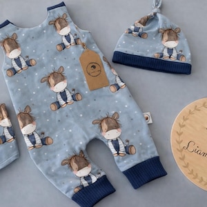 Puede incluir: Un conjunto de ropa de bebé con un pelele, babero y gorro azul claro, todos adornados con un patrón de caballo de dibujos animados. También se incluye un letrero de madera con una ilustración de erizo y el texto "Liam & Luppy".