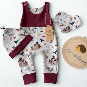 Puede incluir: Un conjunto de ropa de bebé con un diseño burdeos y estampado. El conjunto incluye un pelele, un gorro y un babero con un estampado de castillo, búho y gafas. También se incluye un letrero de madera con una ilustración de erizo.