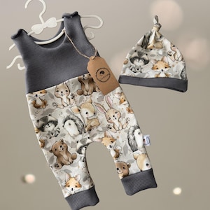 Conjunto Bebé Waldtiere | Juego Strampler & Mütze | Conjunto de bebé hecho a mano | Niñas jóvenes | Neugeborenen Kleidung | Geschenk zur Geburt