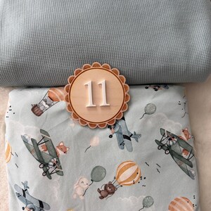 Puede incluir: Una manta para beb&eacute; azul claro con un estampado de aviones, globos aerost&aacute;ticos y animales de dibujos animados. Un n&uacute;mero 11 de madera est&aacute; encima. La manta est&aacute; doblada y colocada sobre una superficie texturizada azul claro.