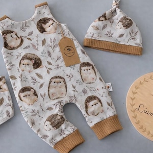 May include: A baby outfit set featuring a white romper, bib, and hat, all adorned with a repeating hedgehog and leaf pattern. The set includes a wooden sign with a hedgehog illustration and the text "Liam & Luppy".