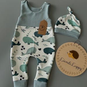 Puede incluir: Un conjunto de ropa de bebé con un pelele azul claro y un gorro a juego. El pelele tiene una base blanca con un estampado de ballenas en tonos azules y verdes. El conjunto incluye un letrero de madera con el texto "Liam & Luppy".