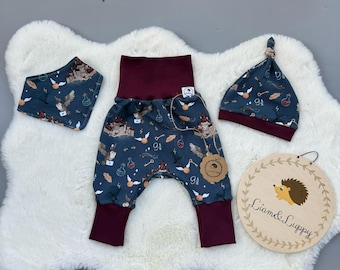 Set para bebé "Magischer Nachthimmel" – Pumphose, Mütze & Tuch | Hecho a mano | Eule, Castillo Zauberwelt