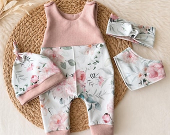 Conjunto para bebé Mädchen Blumen Rosa | Strampler con Stirnband y Halstuch | Conjunto de ropa para bebé | Geschenk Geburt Mädchen | Traje hecho a mano Baumwolle