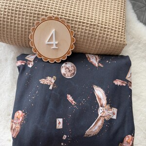 Puede incluir: Una tela azul oscuro con un estampado celestial de b&uacute;hos y astronautas, un n&uacute;mero 4 de madera y una manta con textura de gofre. La tela presenta b&uacute;hos, astronautas, plumas y sobres. El n&uacute;mero 4 es blanco sobre un c&iacute;rculo de madera.