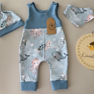 Puede incluir: Un conjunto de ropa para bebé con un pelele azul claro, gorro y babero a juego, todos adornados con un estampado de animales acuáticos. También se incluye un letrero de madera con una ilustración de erizo y el texto "Liam & Luppy".
