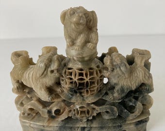 Antique Vintage Chinese Hand Carved Soapstone Incense Oil Burner Foo Fu Dogs