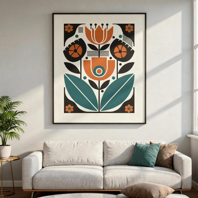 Mid-century Floral Folk Art Matte Poster | Vertical Botanical Print ...
