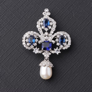 Crown Pearl Brooch, Vintage Sapphire Crystal Pin, Royal Court Gemstone Jewelry, Antique Style Statement Pin
