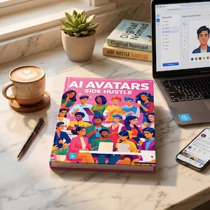 May include: A hardcover book titled "AI AVATARS SIDE HUSTLE" with a colorful illustration of diverse people. A laptop displays a digital character creator. A cup of coffee, a pen, a smartphone, and two other books are also visible.