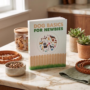 Op de afbeelding: Een boek met de titel "Dog Basics for Newbies" staat op een marmeren oppervlak, naast een kleine keramische kom gevuld met hondenvoer. Een leren hondenriem en een pot met hondensnacks zijn ook zichtbaar. Twee kleine vetplanten in potten staan op de achtergrond.