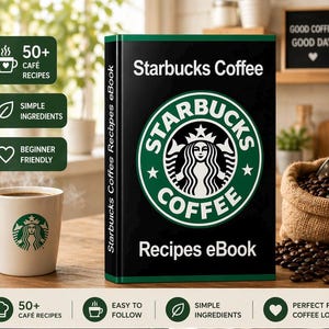 以下が含まれることがあります： スターバックスのロゴが入った黒いスターバックスコーヒーレシピeBook、スターバックスのロゴが入った白いマグカップ、コーヒー豆の袋。 eBookの表紙には「Starbucks Coffee Recipes eBook」と書かれています。画像には、「50+ Café Recipes」などのアイコンとテキストも含まれています。