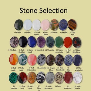 Puede incluir: Una colecci&oacute;n de 31 piedras preciosas pulidas, cada una de forma ovalada y etiquetada con un n&uacute;mero y un nombre. Las piedras var&iacute;an en color y patr&oacute;n, incluyendo prehnita verde, cuarzo rosa y jaspe rojo. El texto "Stone Selection" est&aacute; en la parte superior.