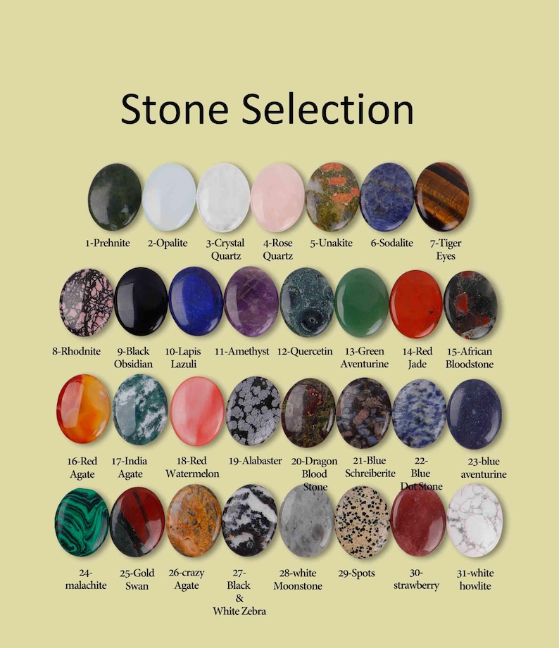 Puede incluir: Una colecci&oacute;n de 31 piedras preciosas pulidas, cada una de forma ovalada y etiquetada con un n&uacute;mero y un nombre. Las piedras var&iacute;an en color y patr&oacute;n, incluyendo prehnita verde, cuarzo rosa y jaspe rojo. El texto "Stone Selection" est&aacute; en la parte superior.