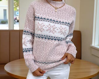 Snowflake Knit Sweater | Women's Half-Turtleneck Christmas Pullover