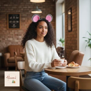 May include: A headband featuring two rounded mouse ears with grey outer edges and bright pink centres. The ears are attached to a thin, flexible band designed to sit comfortably on the head, creating a playful accessory with a distinct colour contrast.