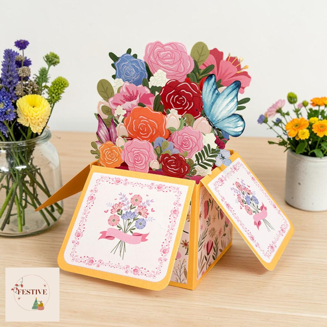 3D Flower Bouquet Pop up Card | Pink Butterfly Mothers Day Greeting ...