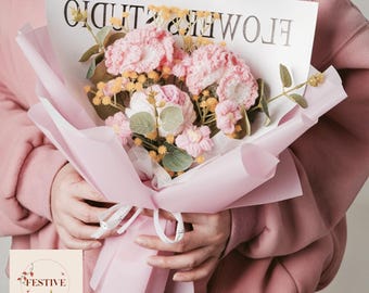 Bukiet z goździków z dzianiny | Bukiet kwiatów z włóczki, prezent na Dzień Matki, róże, ręcznie robiony prezent dla mamy