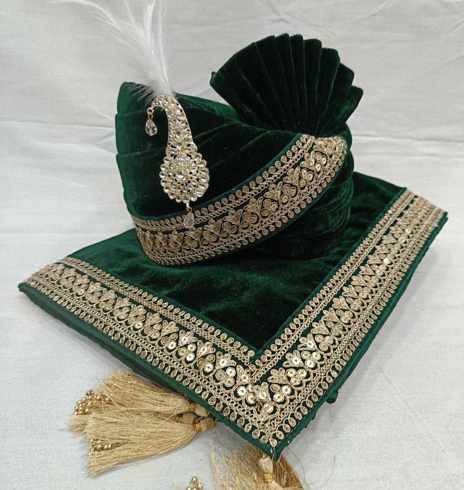 Wedding Green Turban & Shawl Set, Indian Groom Ensemble, adjustable lightweight Pagdi