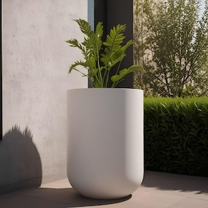 Puede incluir: Una maceta cilíndrica grande, blanca, con bordes redondeados, que contiene una planta verde vibrante. La maceta está colocada al aire libre sobre una superficie de piedra, con una pared de hormigón y vegetación en el fondo.