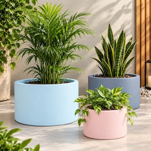 Maceta de fibra en tonos pastel / Maceta grande para jardín interior/exterior / Maceta moderna de FRP
