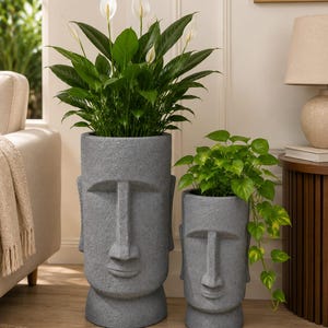 May include: Two gray cylindrical planters with a textured stone-like finish, each sculpted into a human face with prominent brows, a long nose, and lips. The taller planter holds a peace lily, while the shorter one contains a trailing pothos.