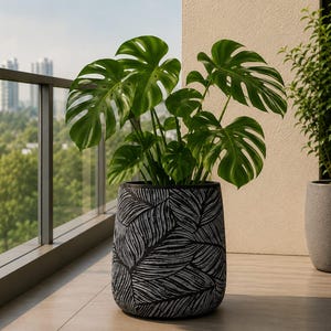 Puede incluir: Una planta Monstera de color verde vibrante con hojas grandes y divididas en una maceta cilíndrica. El macetero presenta una base gris carbón oscuro con un patrón repetitivo de hojas blancas grabadas en toda su superficie exterior.