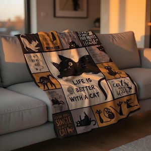 Black Cat Patchwork Flannel Blanket: Life Better With Cat Cozy Throw