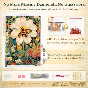 May include: Diamond painting kit featuring a large white flower with a bee. The kit includes extra diamonds, clear symbols, drill pens, wax, a tray, and numbered label stickers. The text reads "No More Missing Diamonds."