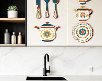 Wooden Kitchen Wall Decor Set, Boho Teapot and Utensil Design, Retro Kitchen Dining Room Wall Art