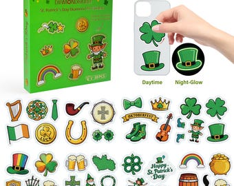 Pegatinas de arte con diamantes para el Día de San Patricio, que brillan en la oscuridad, manualidades de duendes con tréboles (38 piezas)