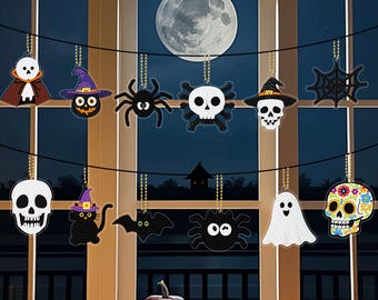 Halloween Diamond Art Acrylic Hanging Ornaments, 12 Pcs DIY Rhinestone Skull Ghost Spider Charms for Car Bag Keys