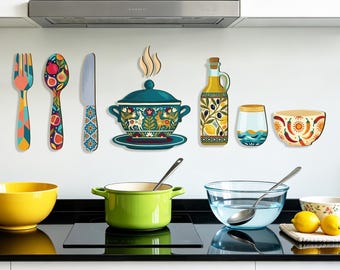 Mediterranean Wooden Kitchen Wall Decor Set, Utensil Pot and Olive Oil Bottle Dining Room Wall Art