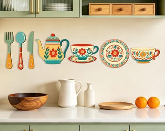 Wooden Kitchen Wall Decor Set, Retro Teapot and Utensil Design, Cottage Kitchen Dining Room Wall Art