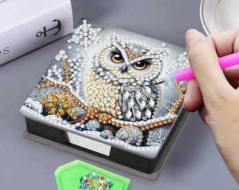 Caja para notas de pintura de diamantes, soporte para notas adhesivas con forma de búho, organizador de escritorio DIY