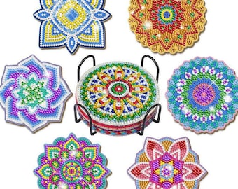 Juego de posavasos con diseño de diamantes y mandalas, con soporte (manualidades DIY)